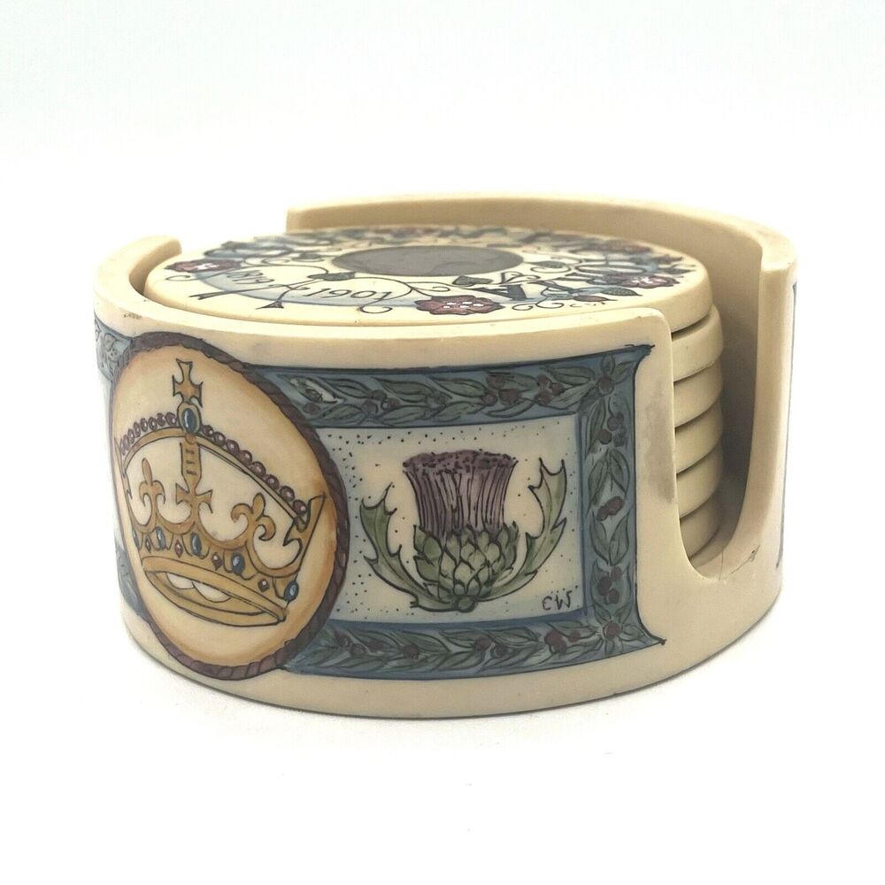 Wallace Crafts UK Royal Coaster Set W/ Inset Coins. 6 Coasters & Holder Covent